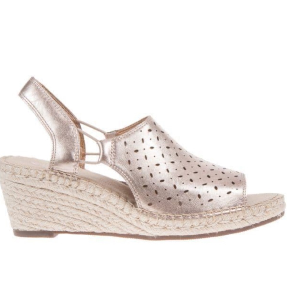 Clark’s Petrina Gail Metallic Gold Perforated Cut-Out Espadrille Wedge